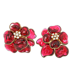 Chanel Vintage Red Gripoix & Crystal Camellia Earrings w/ Gold Hardware