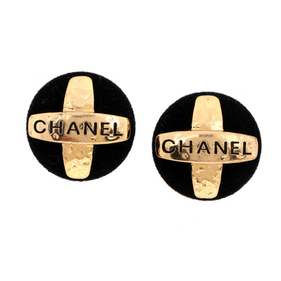 Chanel Black Suede Maltese Cross Mini Earrings w/ Gold