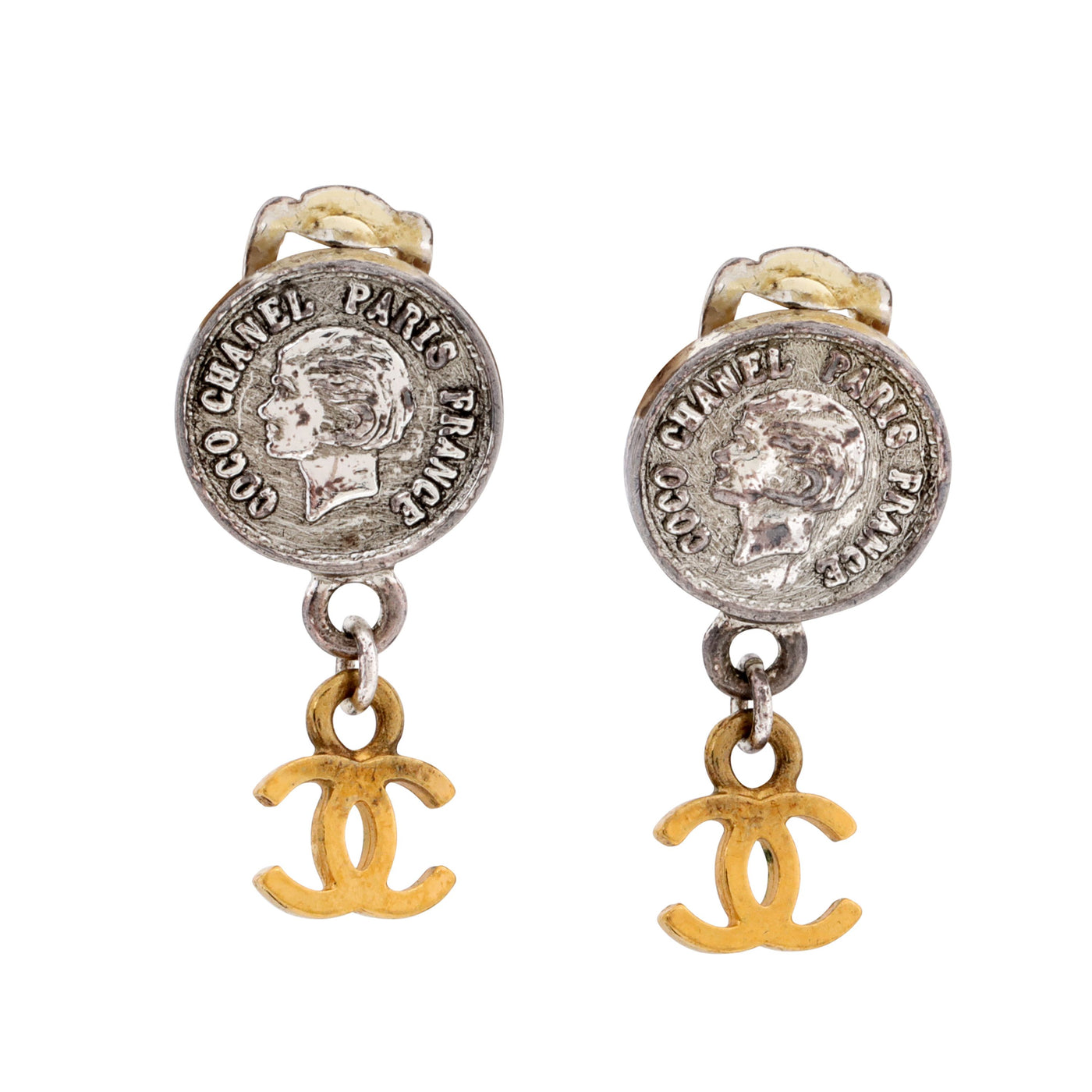 Chanel Silver Coin w/ Gold CC Dangle Earrings