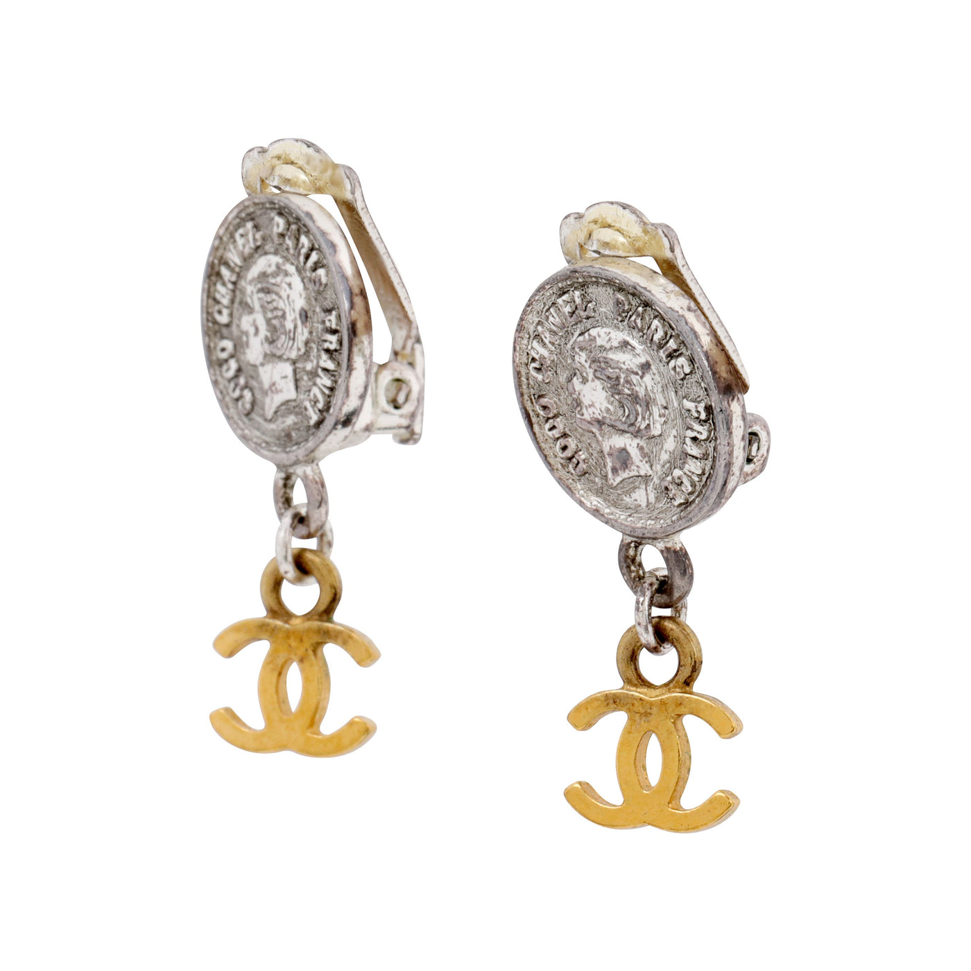 Chanel Silver Coin w/ Gold CC Dangle Earrings