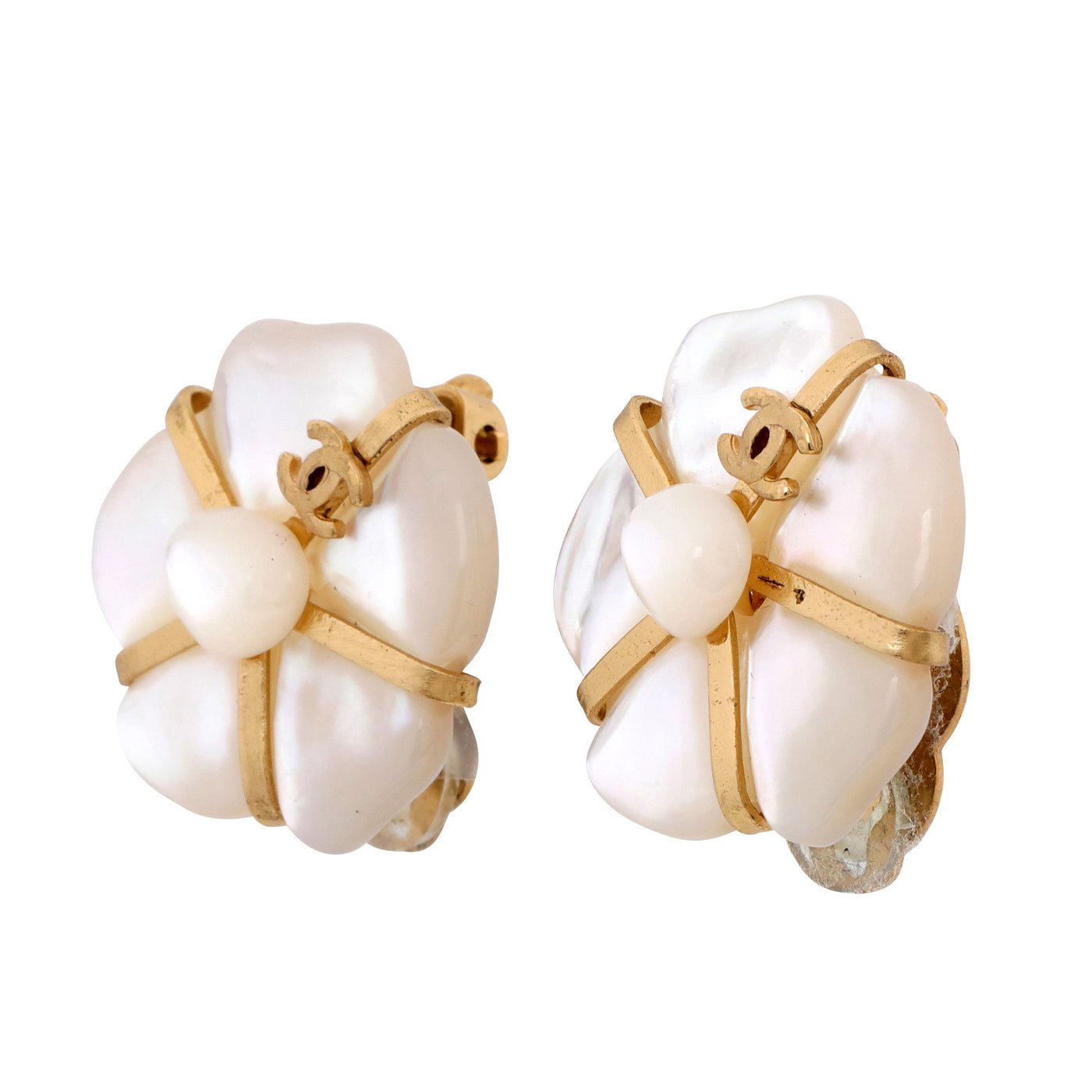 Chanel Mother of Pearl Camellia Earrings w/ Gold Hardware (Fine Jewelry)
