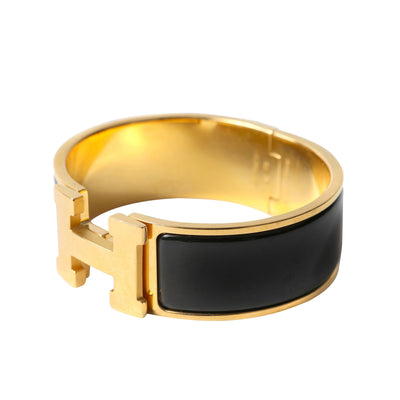 Hermès Black Wide Clic Clac Bracelet w/ Gold Hardware