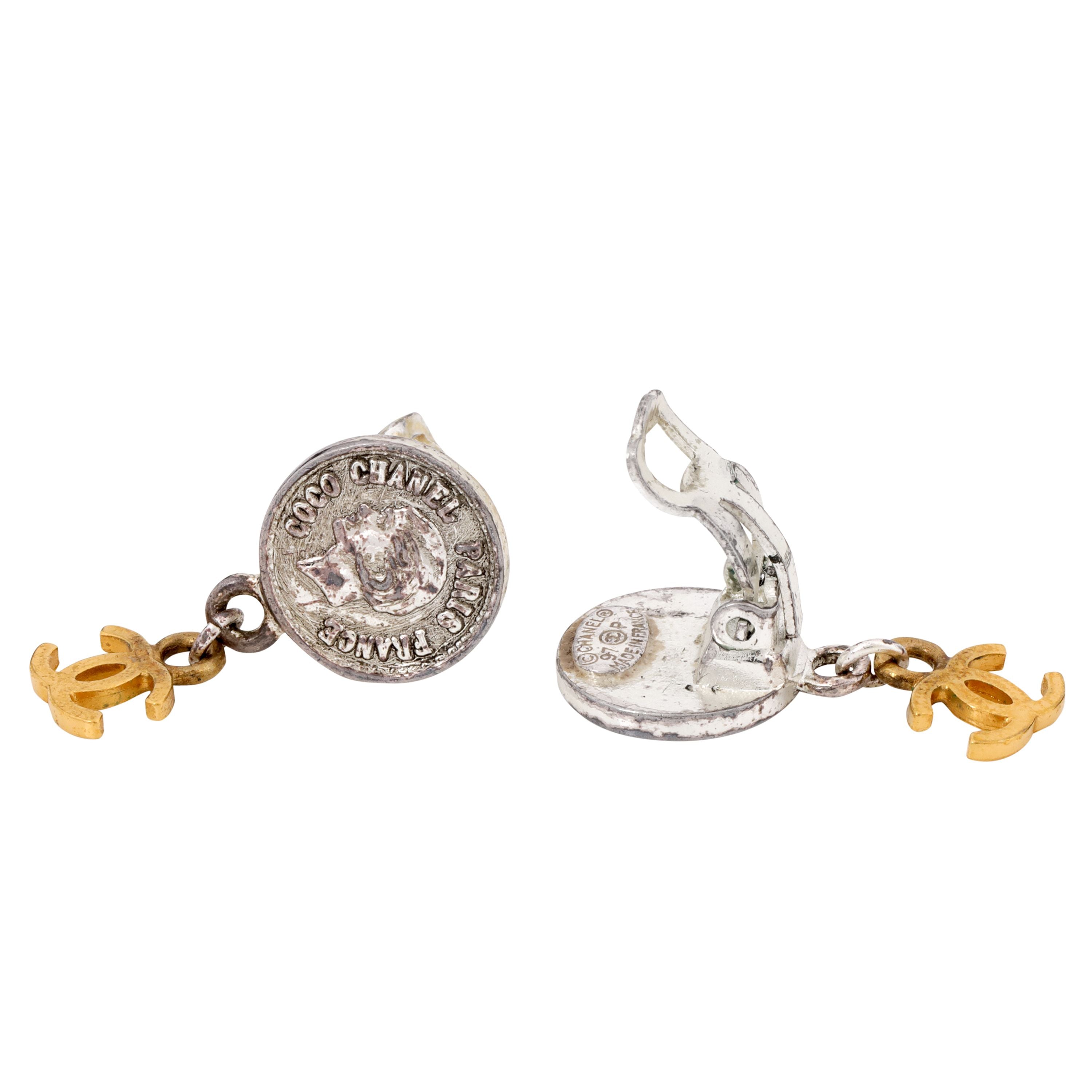 Chanel Silver Coin w/ Gold CC Dangle Earrings