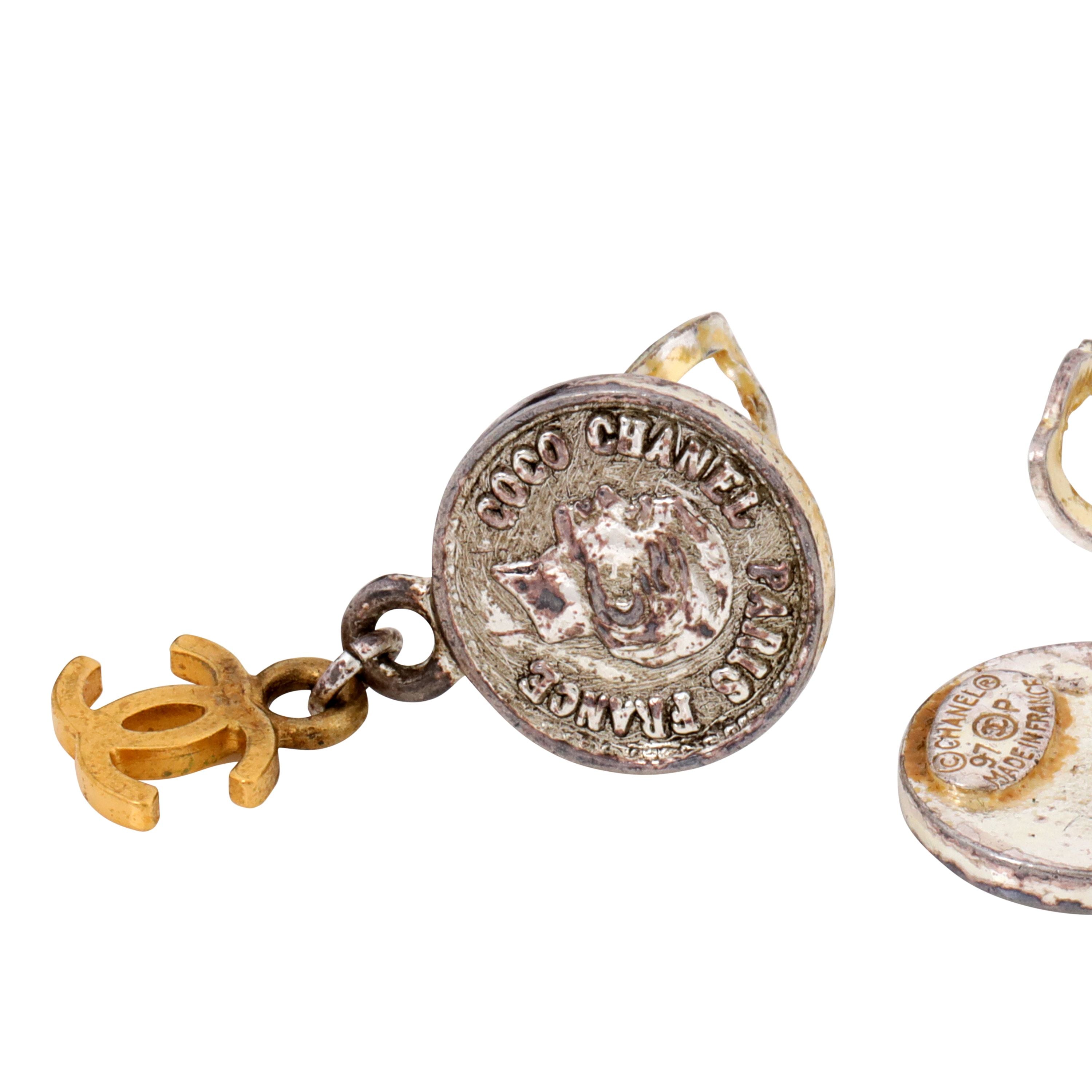 Chanel Silver Coin w/ Gold CC Dangle Earrings