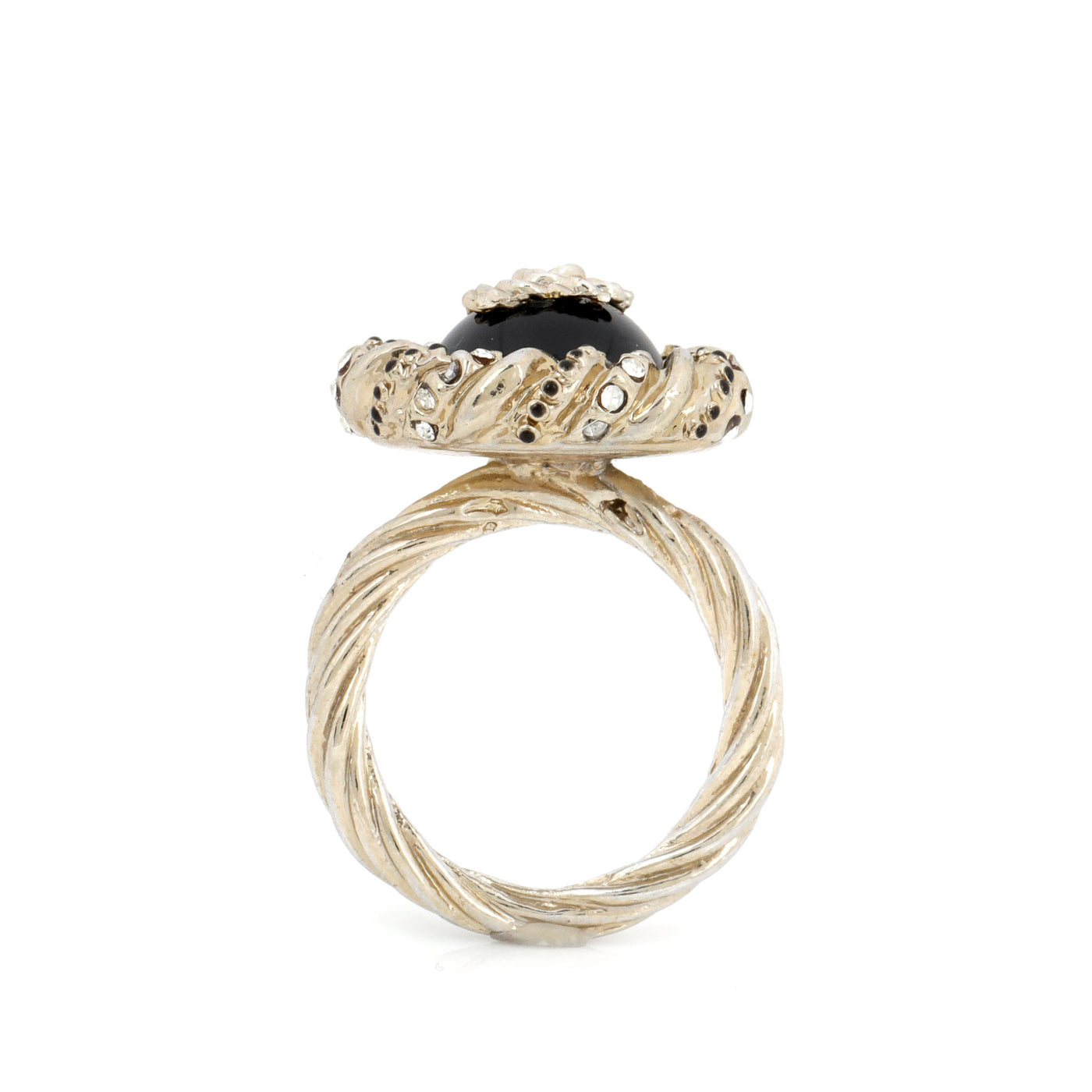 Chanel Black Enamel Ring w/ CC Center & Silver Hardware