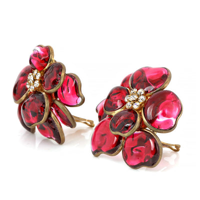 Chanel Vintage Red Gripoix & Crystal Camellia Earrings w/ Gold Hardware
