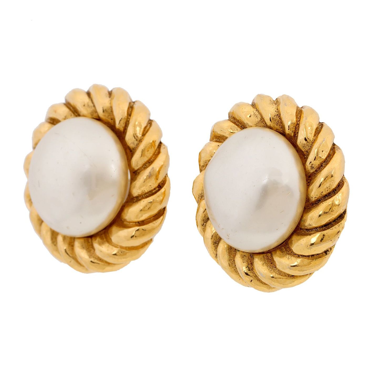 Chanel Gold Rope Button Earrings w/ Pearl Center