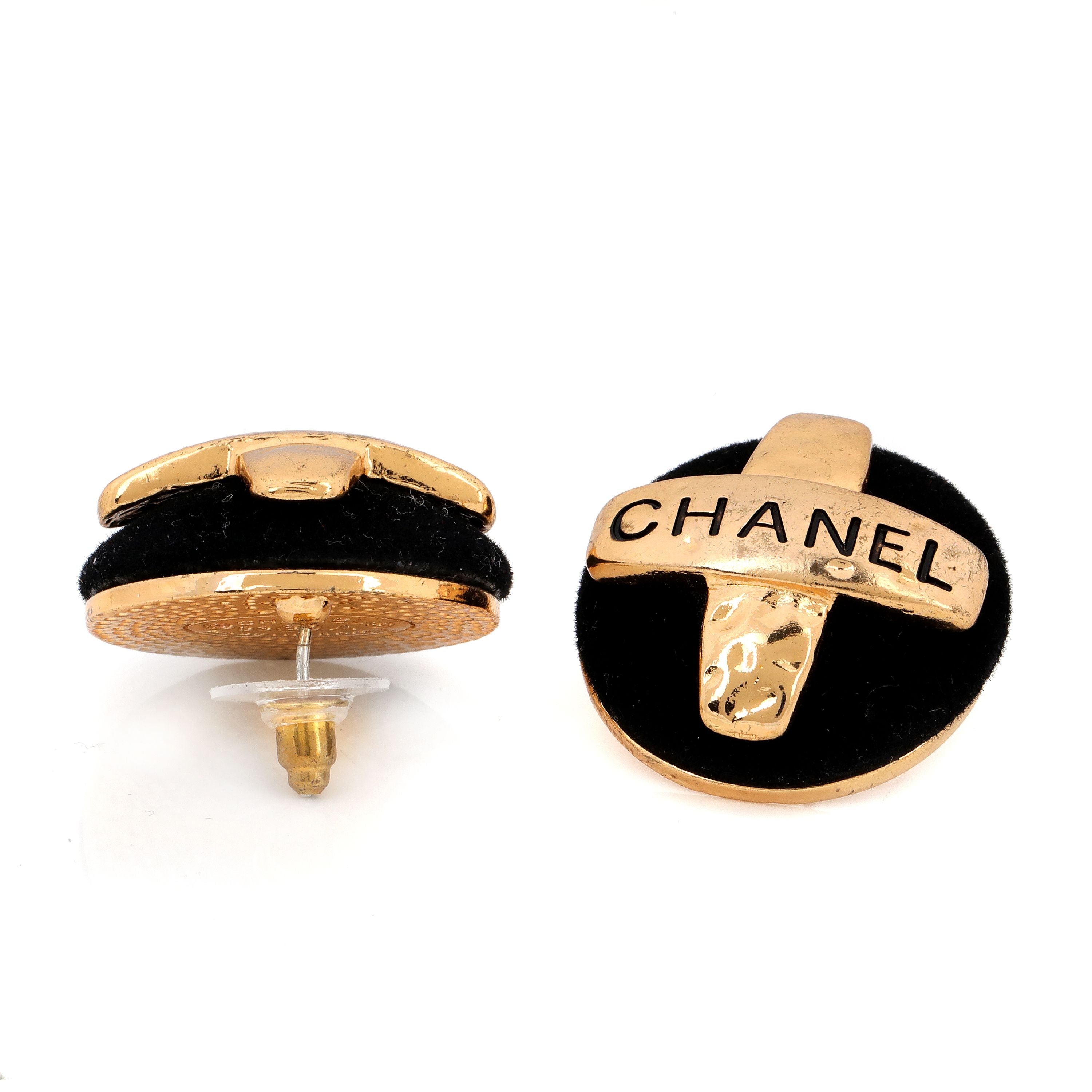 Chanel Black Suede Maltese Cross Mini Earrings w/ Gold