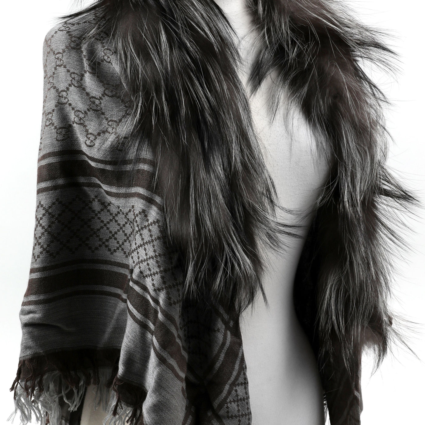 Gucci Limited Release Grey Fox Fur Trim Shawl/ Scarf