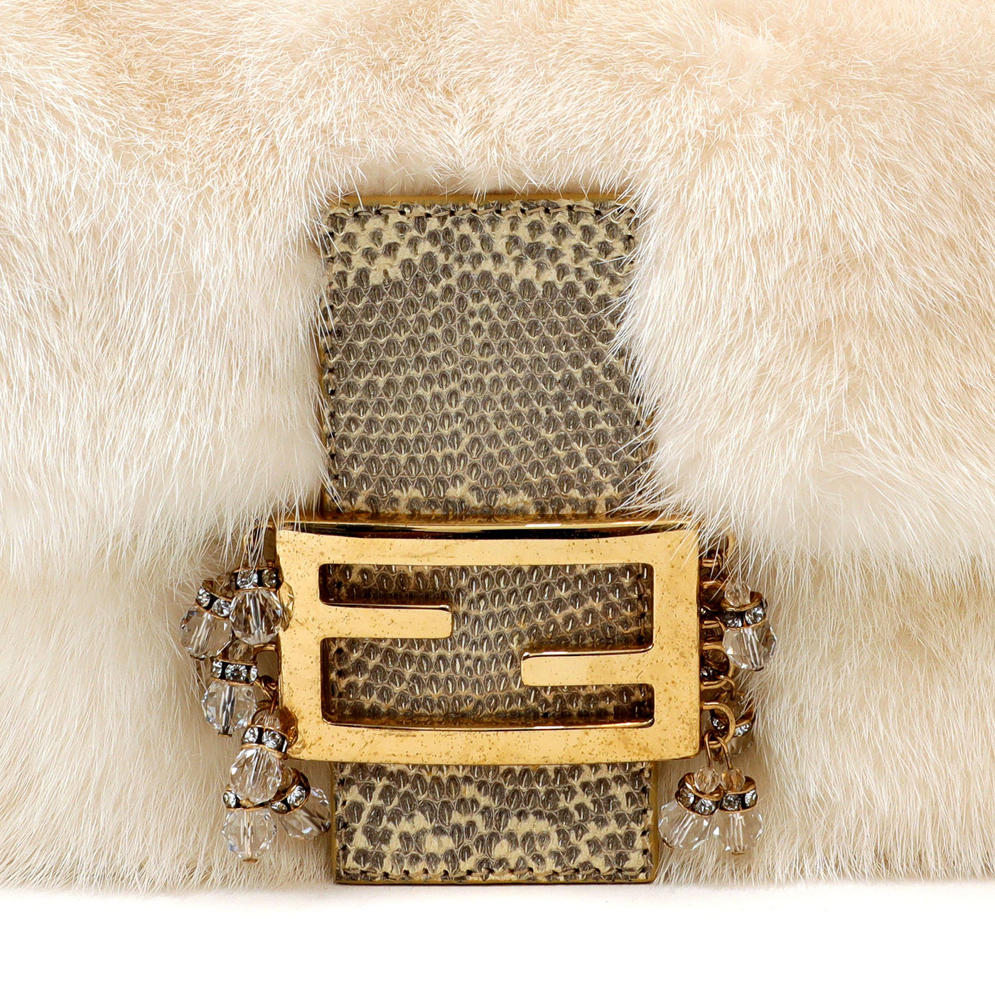 Fendi White Mink Ombre Lizard Baguette with Gold Hardware & Crystals