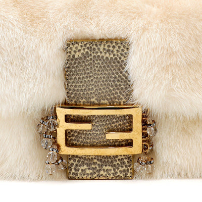 Fendi White Mink Ombre Lizard Baguette with Gold Hardware & Crystals