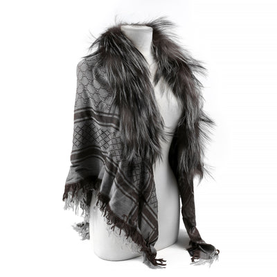 Gucci Limited Release Grey Fox Fur Trim Shawl/ Scarf