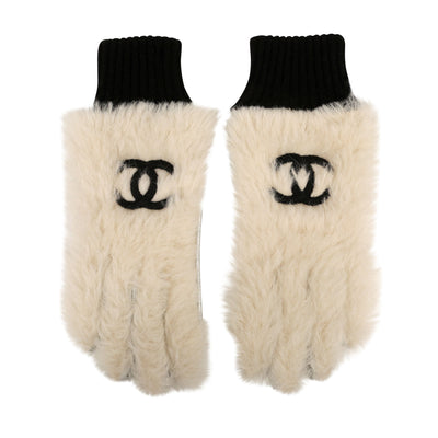 Chanel White Fur CC Gloves w/ Metallic Silver Leather