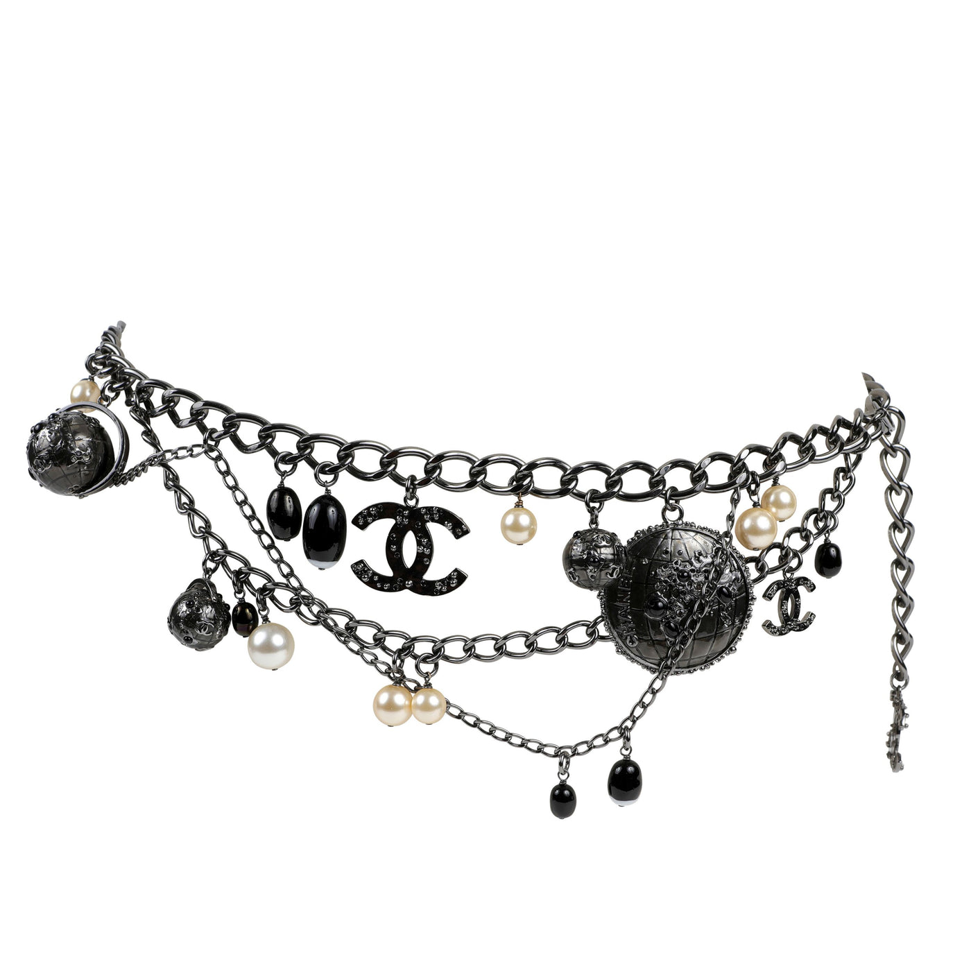 Chanel Ruthenium Globe Multiple Strand Belt w/ Pearls & CC