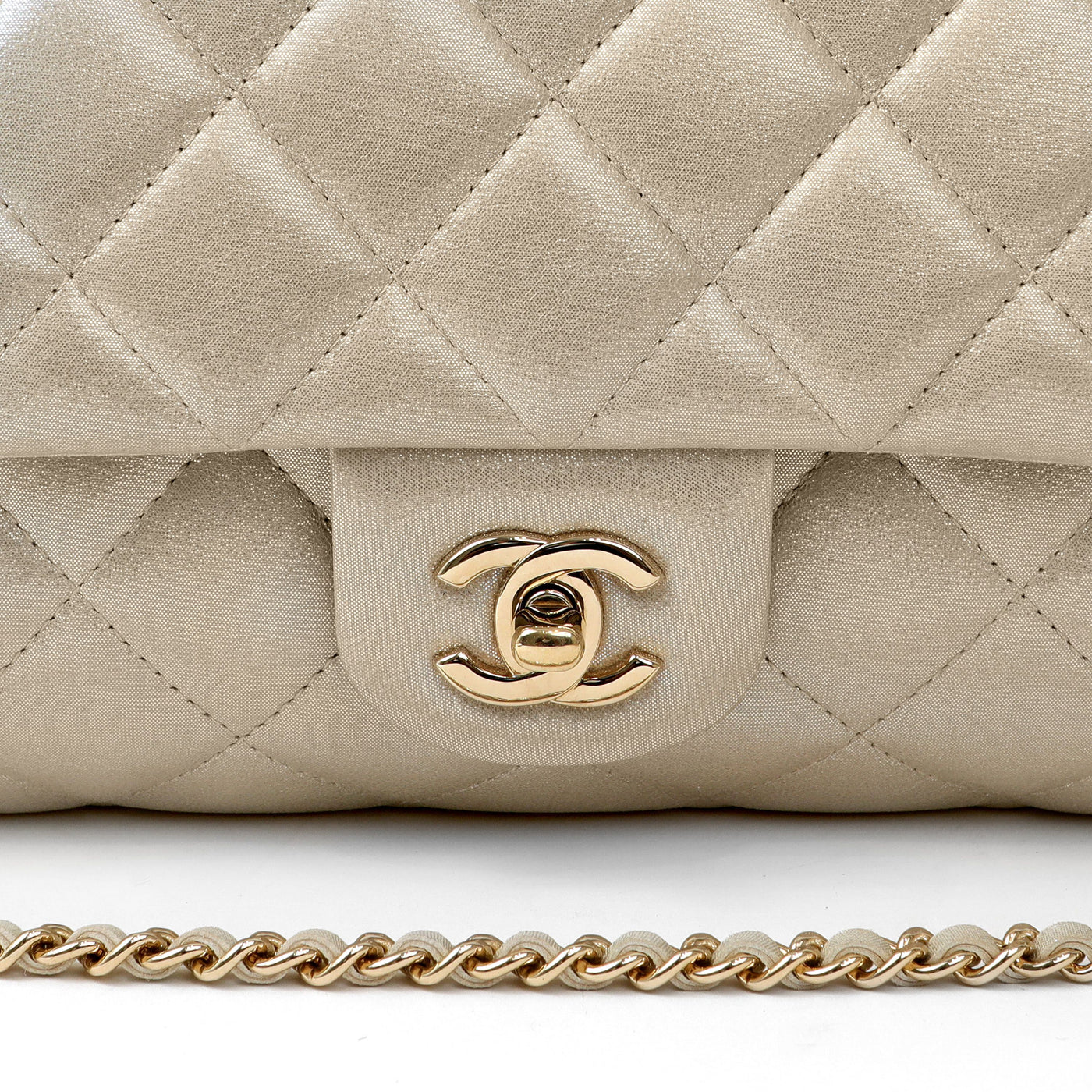 Chanel Metallic Gold Quilted Cloth Flap Bag w/ Gold Hardware