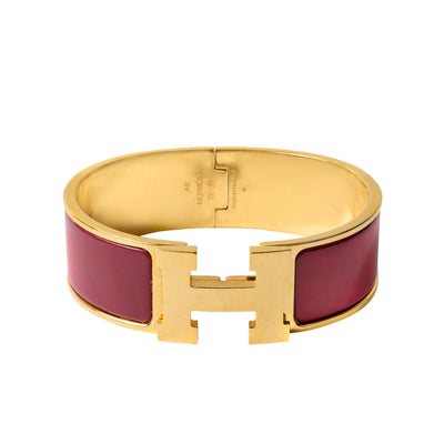 Hermès Burgundy Wide Clic H Bracelet Cuff w/ Gold Hardware