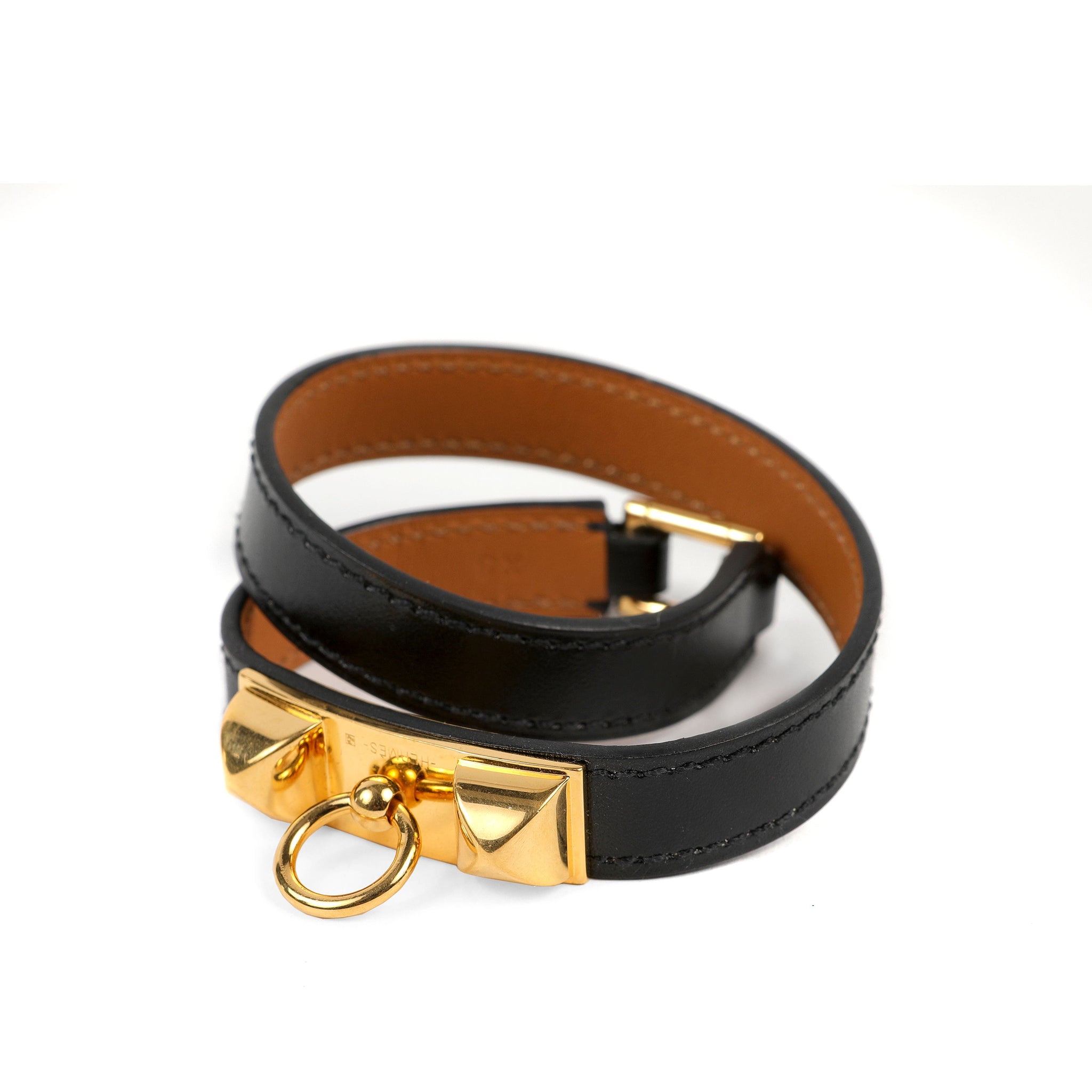 Hermes Black Rivale Double Tour Bracelet w/ Gold Hardware