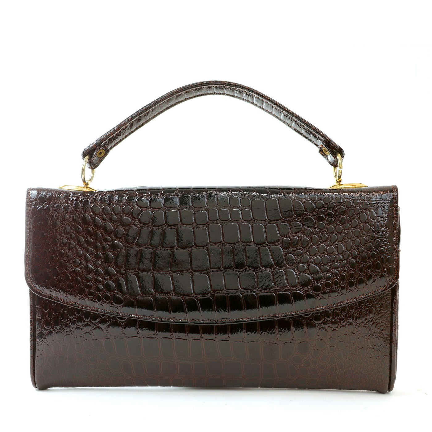 Vintage Glossy Chocolate Brown Crocodile Handbag/ Clutch w/ Gold Hardware