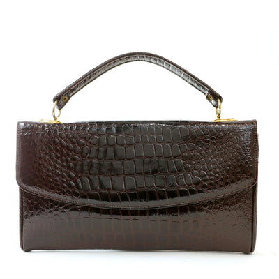 Vintage Glossy Chocolate Brown Crocodile Handbag/ Clutch w/ Gold Hardware