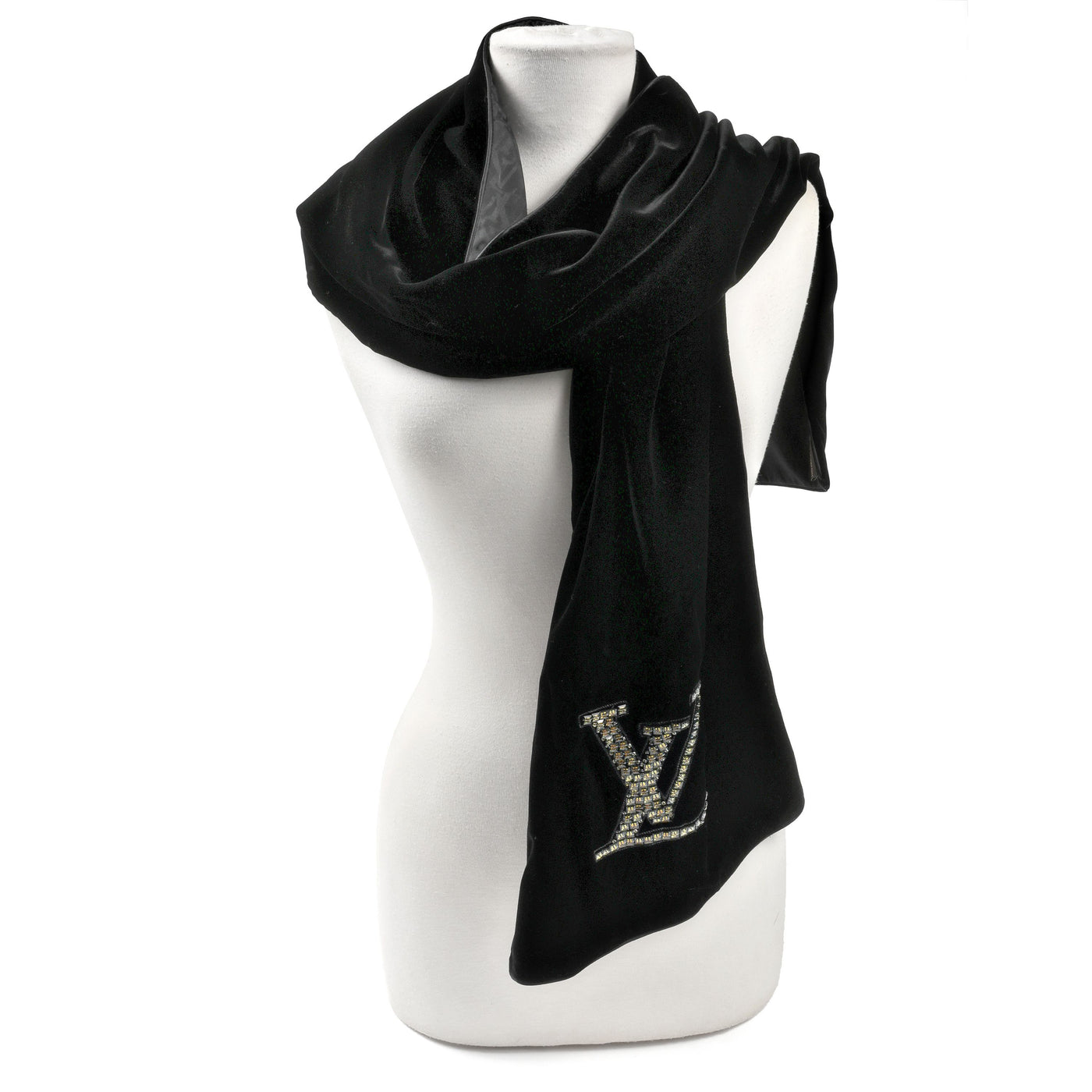 Louis Vuitton Black Velvet Gold Sequin Logo Scarf