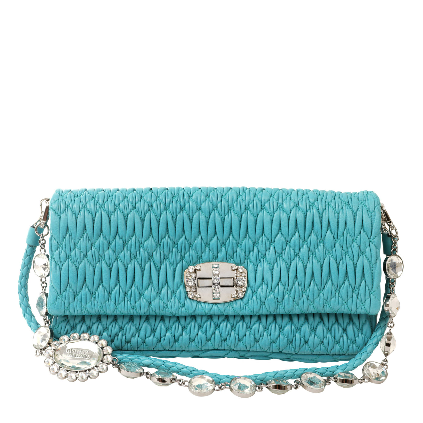Miu Miu Turquoise Iconic Crystal Cloquè Small Shoulder Bag with Silver Hardware