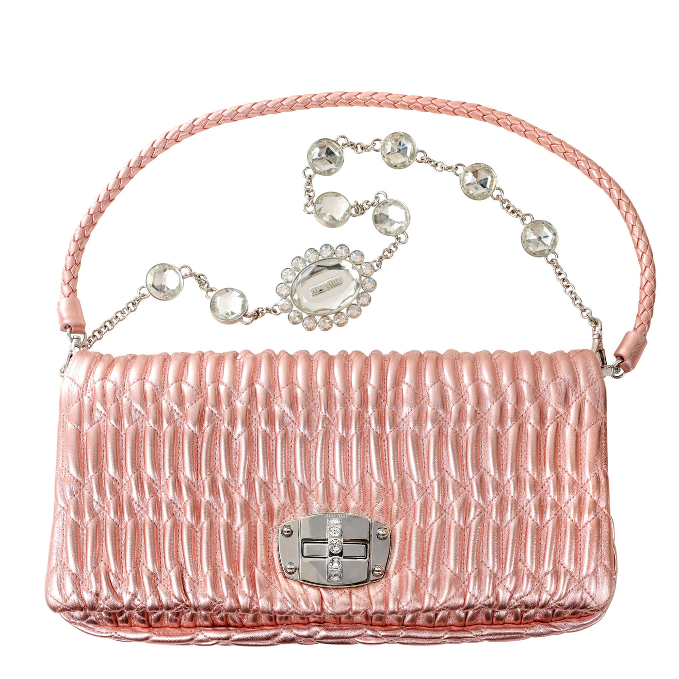 Miu Miu Metallic Pink Iconic Crystal Cloquè  Small Shoulder Bag with Silver Hardware