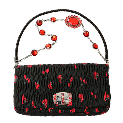 Miu Miu Black Strawberry Canvas Iconic Crystal Cloquè  Small Shoulder Bag with Silver Hardware