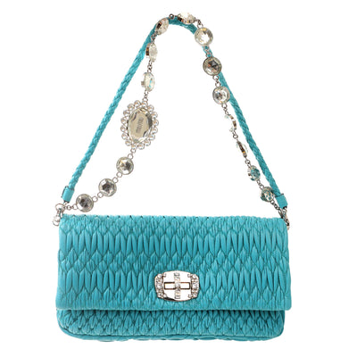 Miu Miu Turquoise Iconic Crystal Cloquè Small Shoulder Bag with Silver Hardware