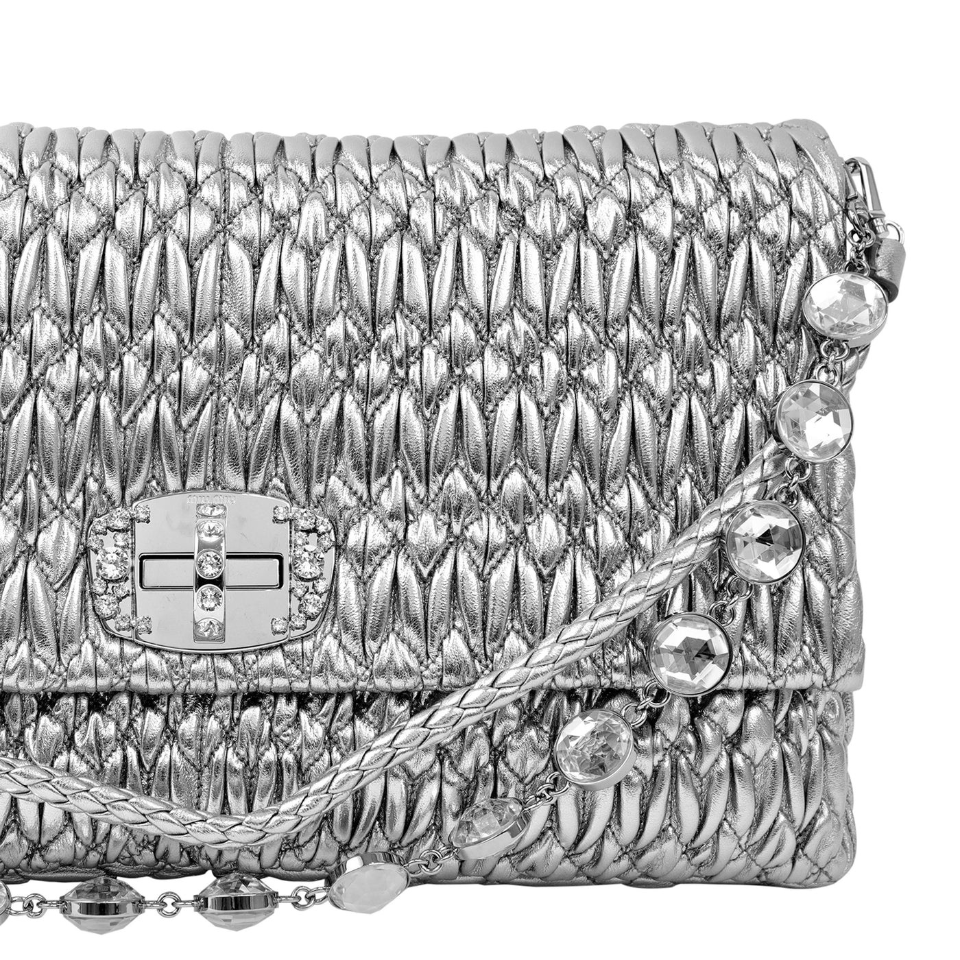 Miu Miu Silver Iconic Crystal  Cloquè  Large Shoulder Bag with Silver Hardware