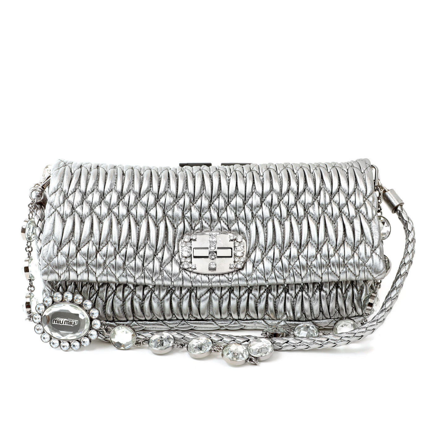 Miu Miu Metallic Silver Crystal Cloquè Small Bag with Silver Hardware