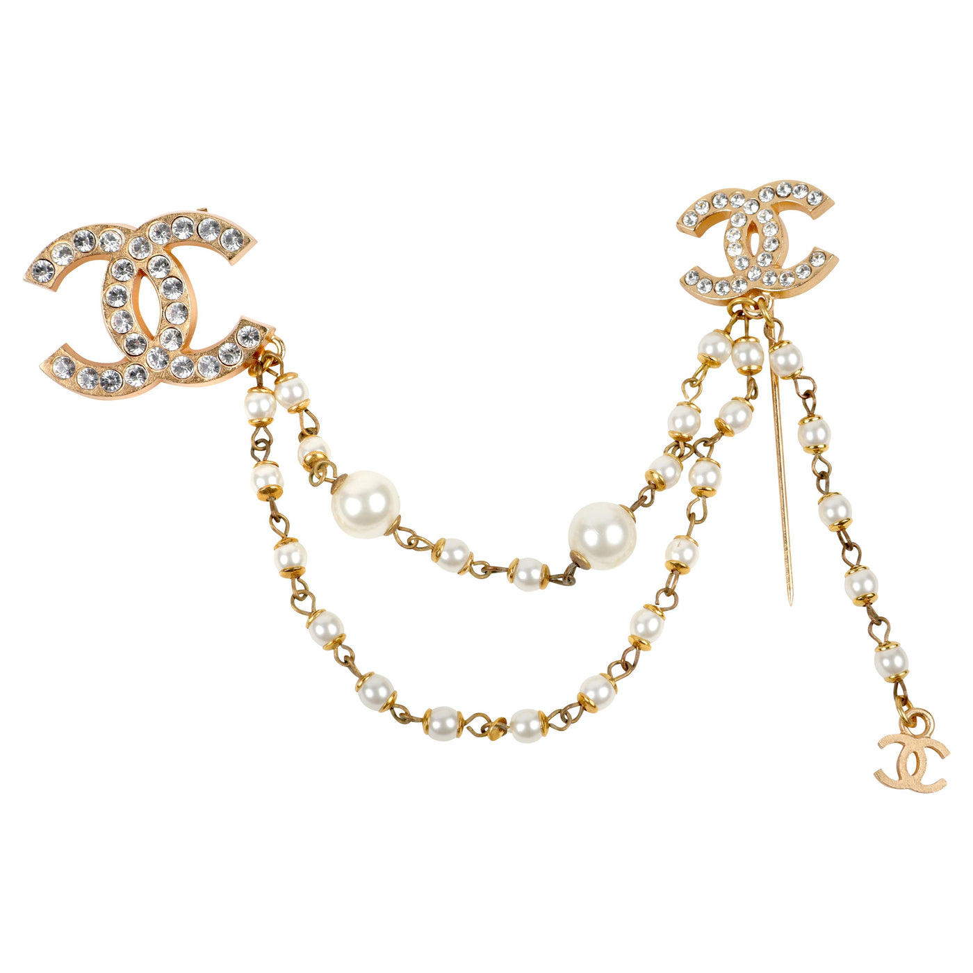 Chanel Crystal & Pearl CC Stick Pin w/ Gold Hardware