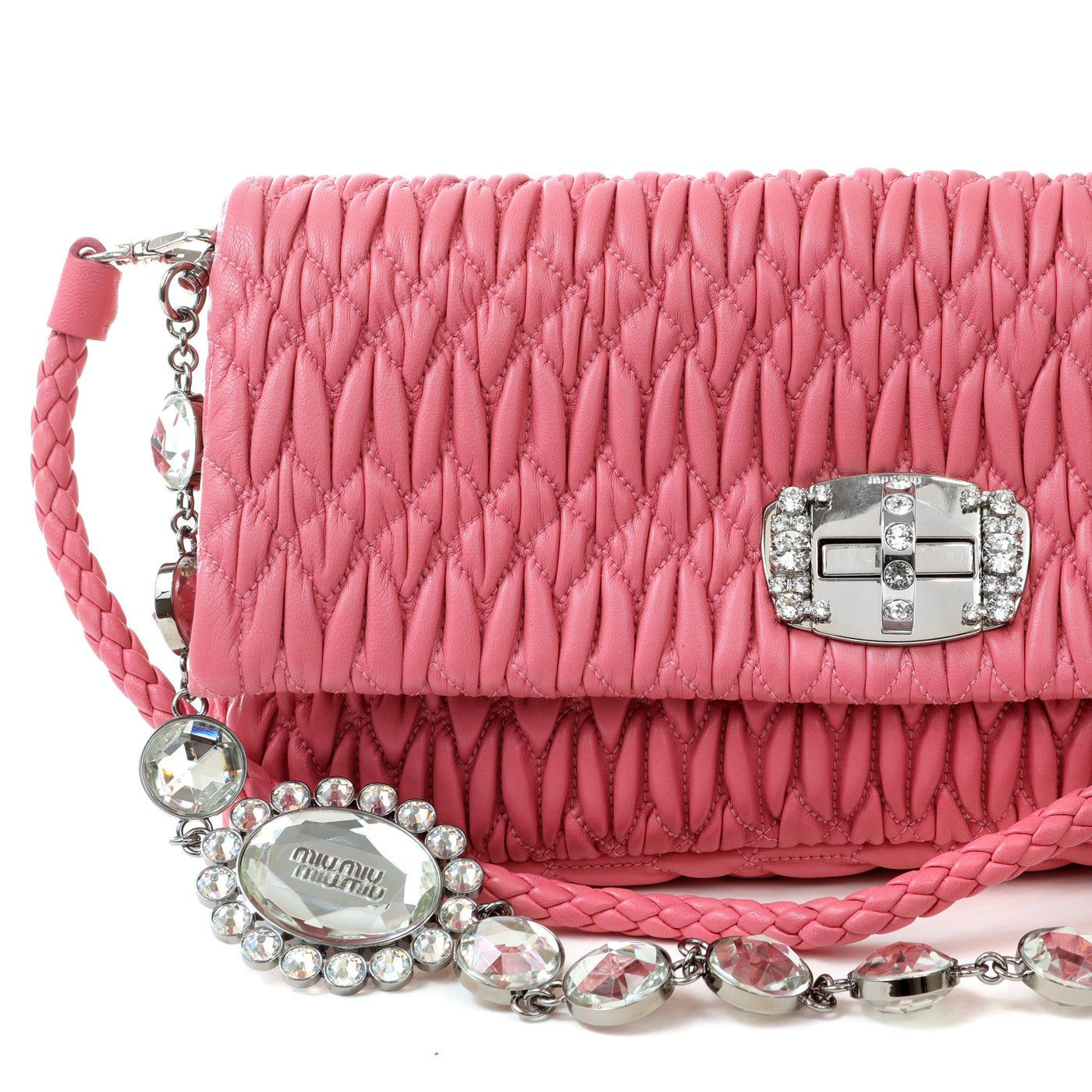 Miu Miu Rose Pink Iconic Crystal Cloquè Small Shoulder Bag with Silver Hardware