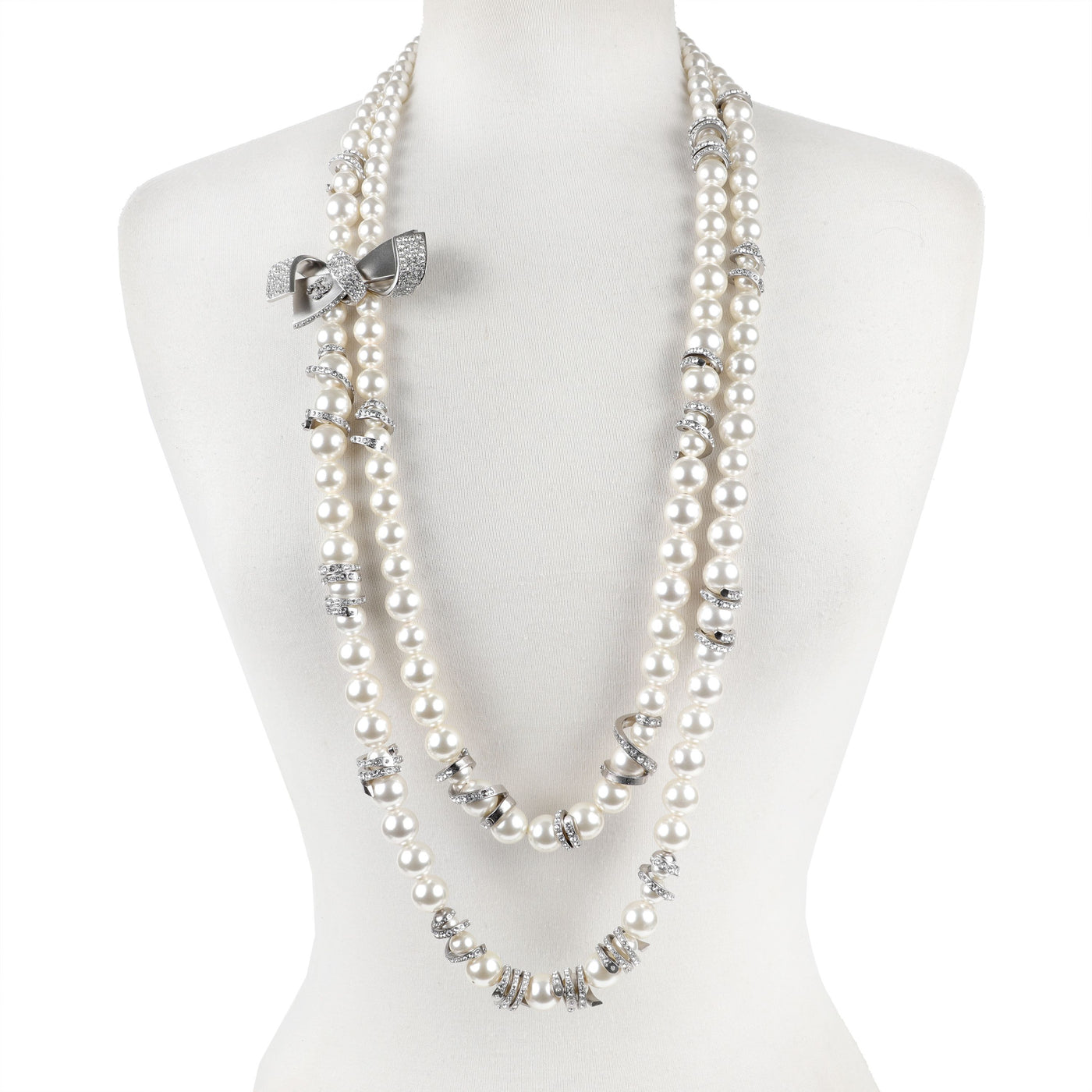 Chanel Large Pearl X-Long Couture Necklace w/ Silver Crystal CC Bow & Spirals