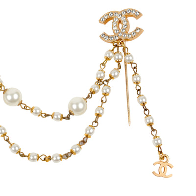 Chanel Crystal & Pearl CC Stick Pin w/ Gold Hardware