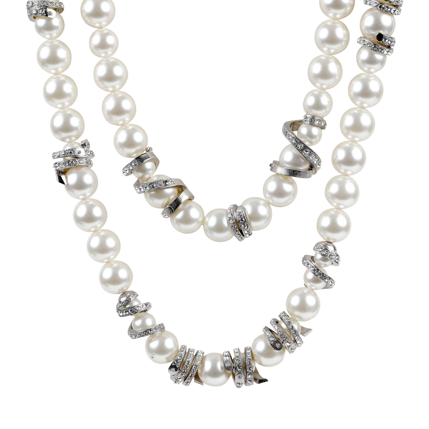 Chanel Large Pearl X-Long Couture Necklace w/ Silver Crystal CC Bow & Spirals