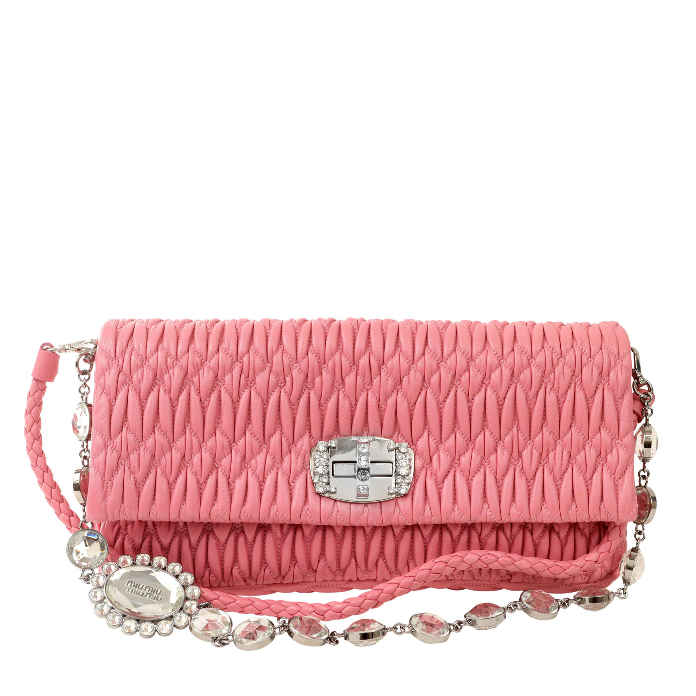 Miu Miu Rose Pink Iconic Crystal Cloquè Small Shoulder Bag with Silver Hardware