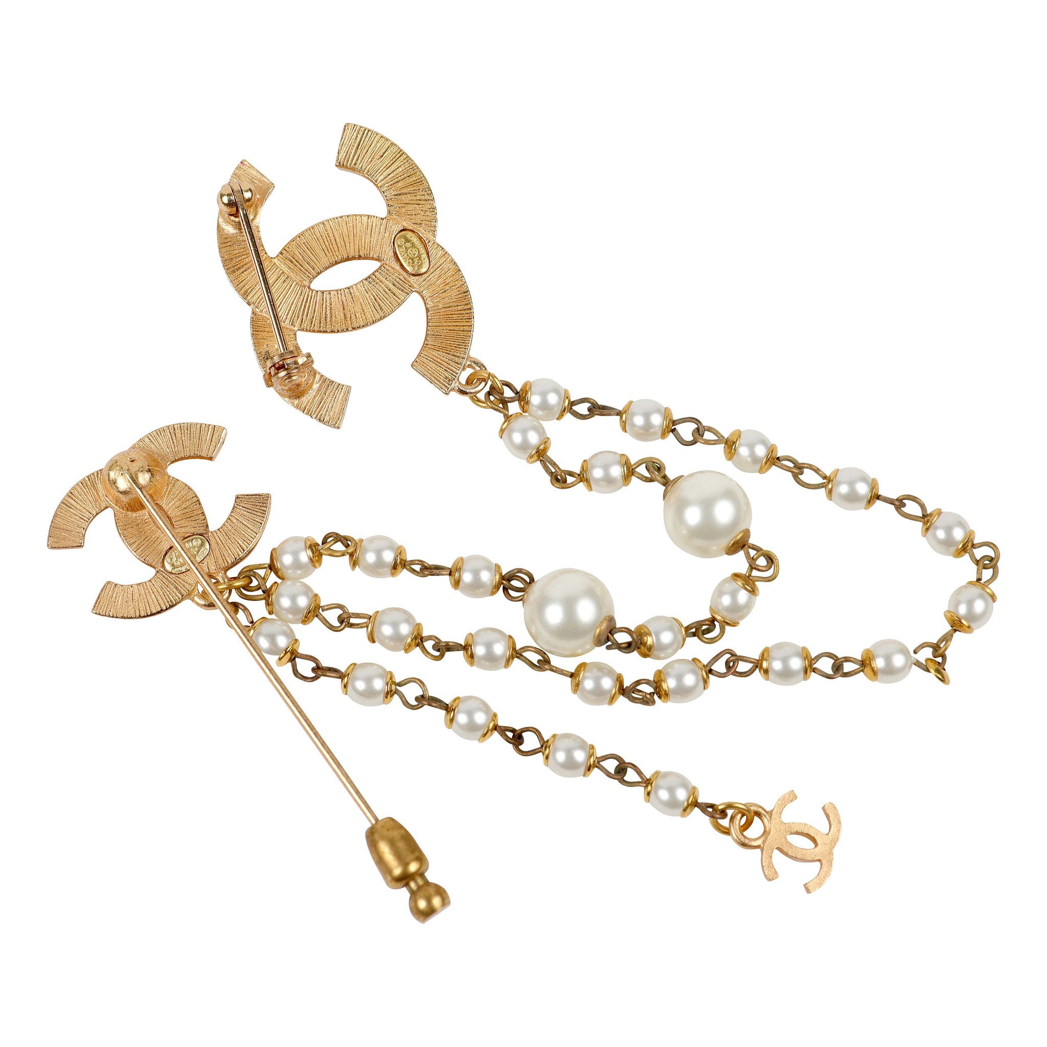 Chanel Crystal & Pearl CC Stick Pin w/ Gold Hardware