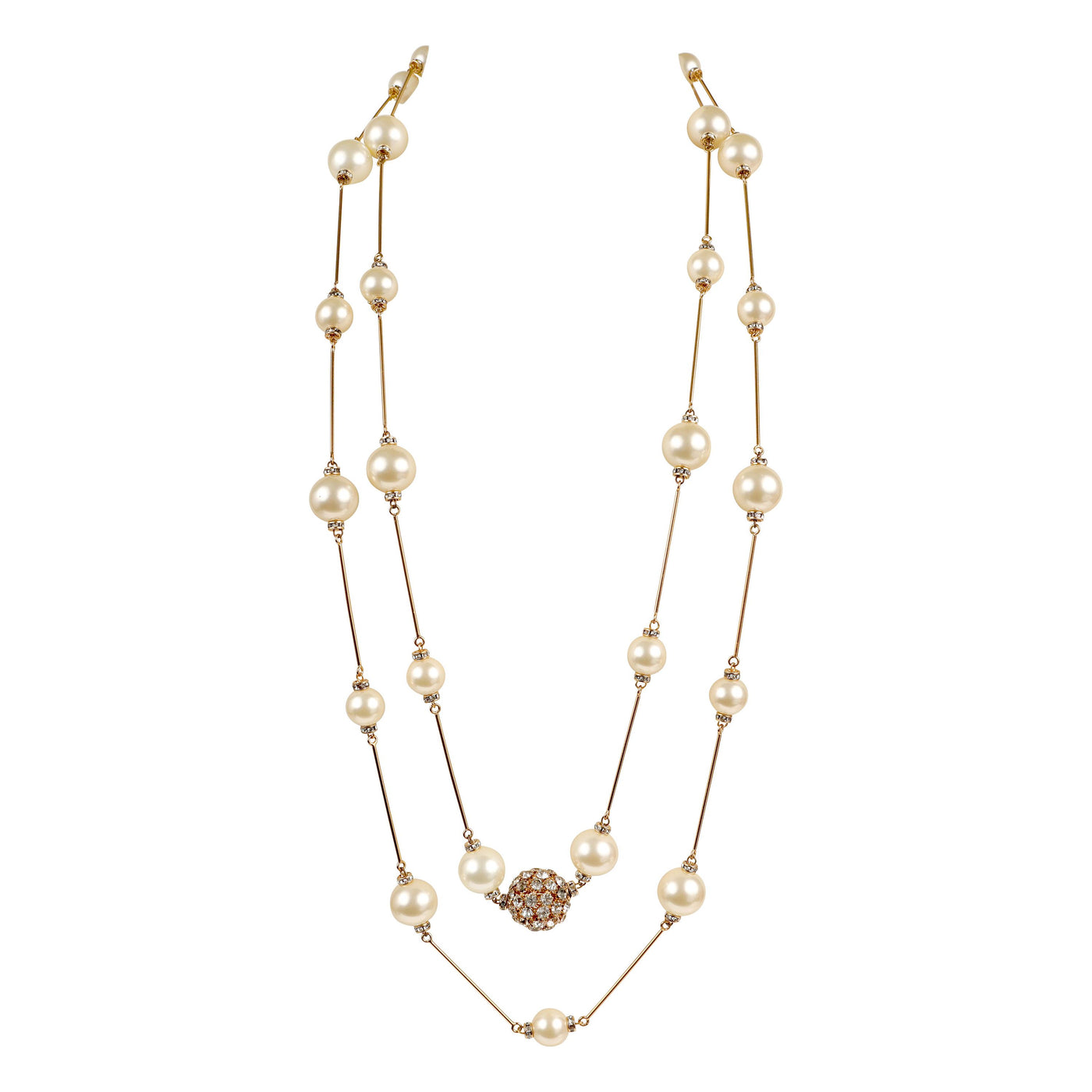 Chanel Pearl & Gold Pin X-Long Necklace w/ Amber Crystal Ball