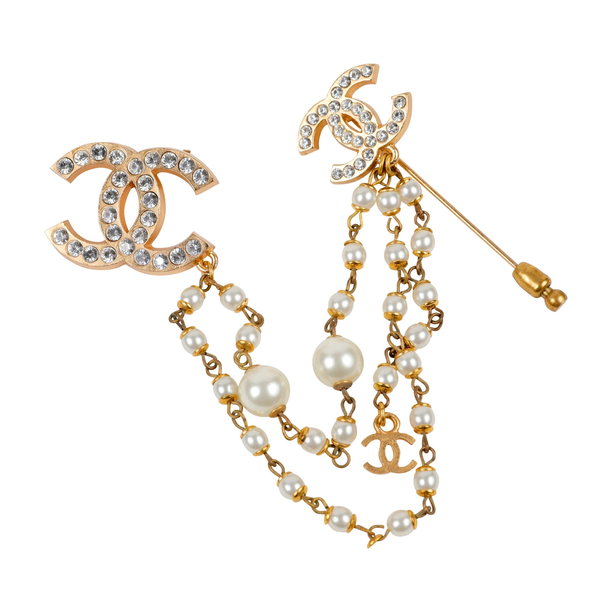 Chanel Crystal & Pearl CC Stick Pin w/ Gold Hardware