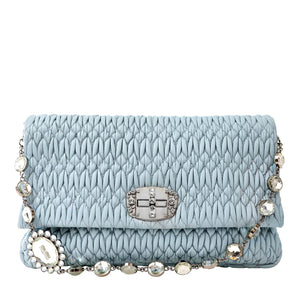 Miu Miu Dusty Blue Iconic Crystal Cloquè Large Shoulder Bag with Silver Hardware