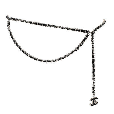 Chanel Black Leather Chain Belt w/ Silver Hardware & CC Charm