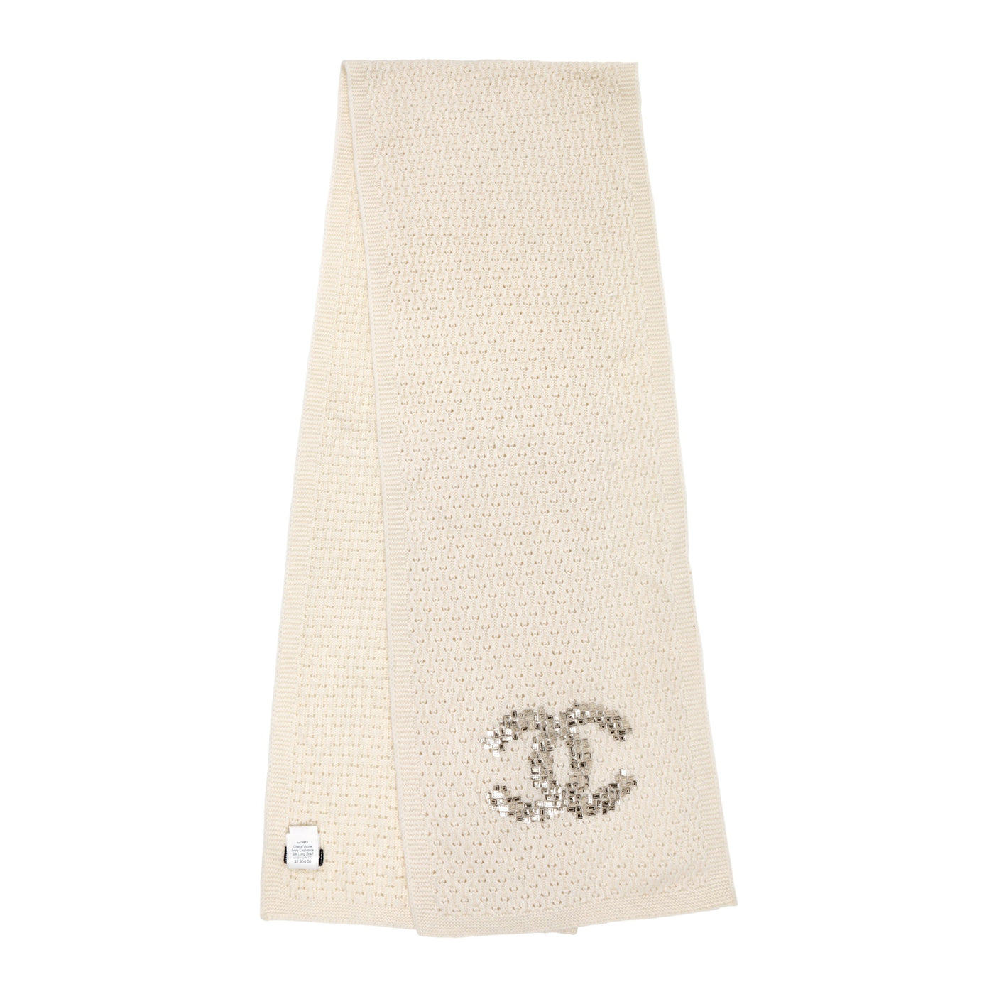 Chanel White Ivory Cashmere Silk Long Scarf w/ Sequin CC