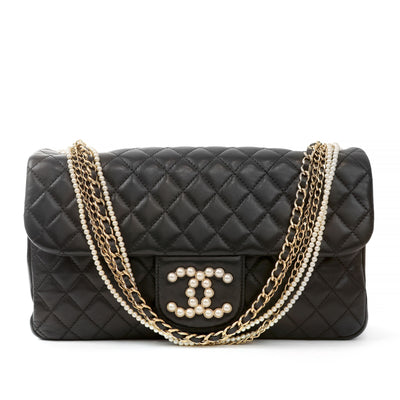 Chanel Black Lambskin Westminster Medium Classic w/ Pearl Chain & CC