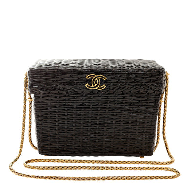 Chanel Vintage Black Wicker Picnic Basket Crossbody w/ Gold CC Hardware