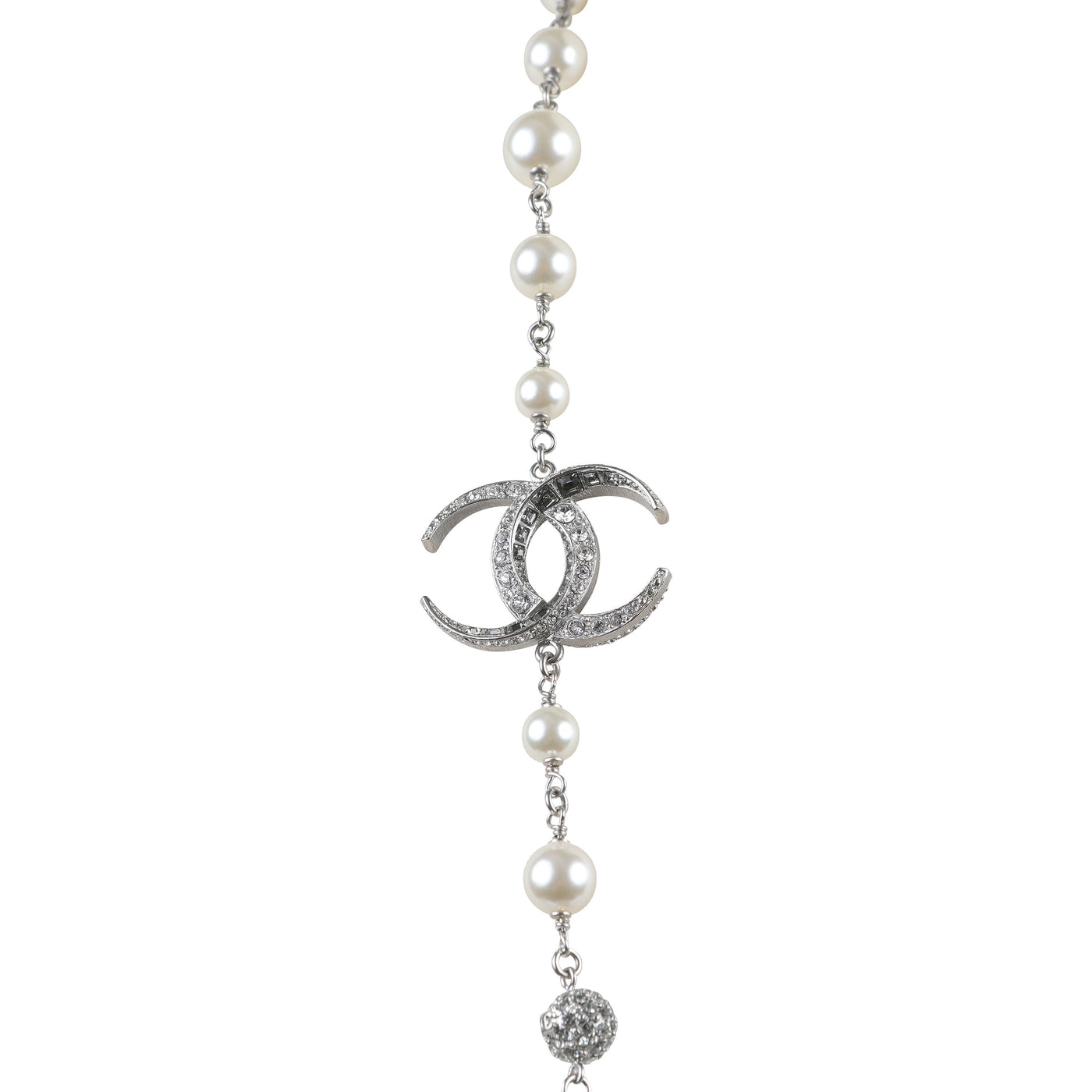 Chanel Single Strand Pearls with Silver Crystal CC