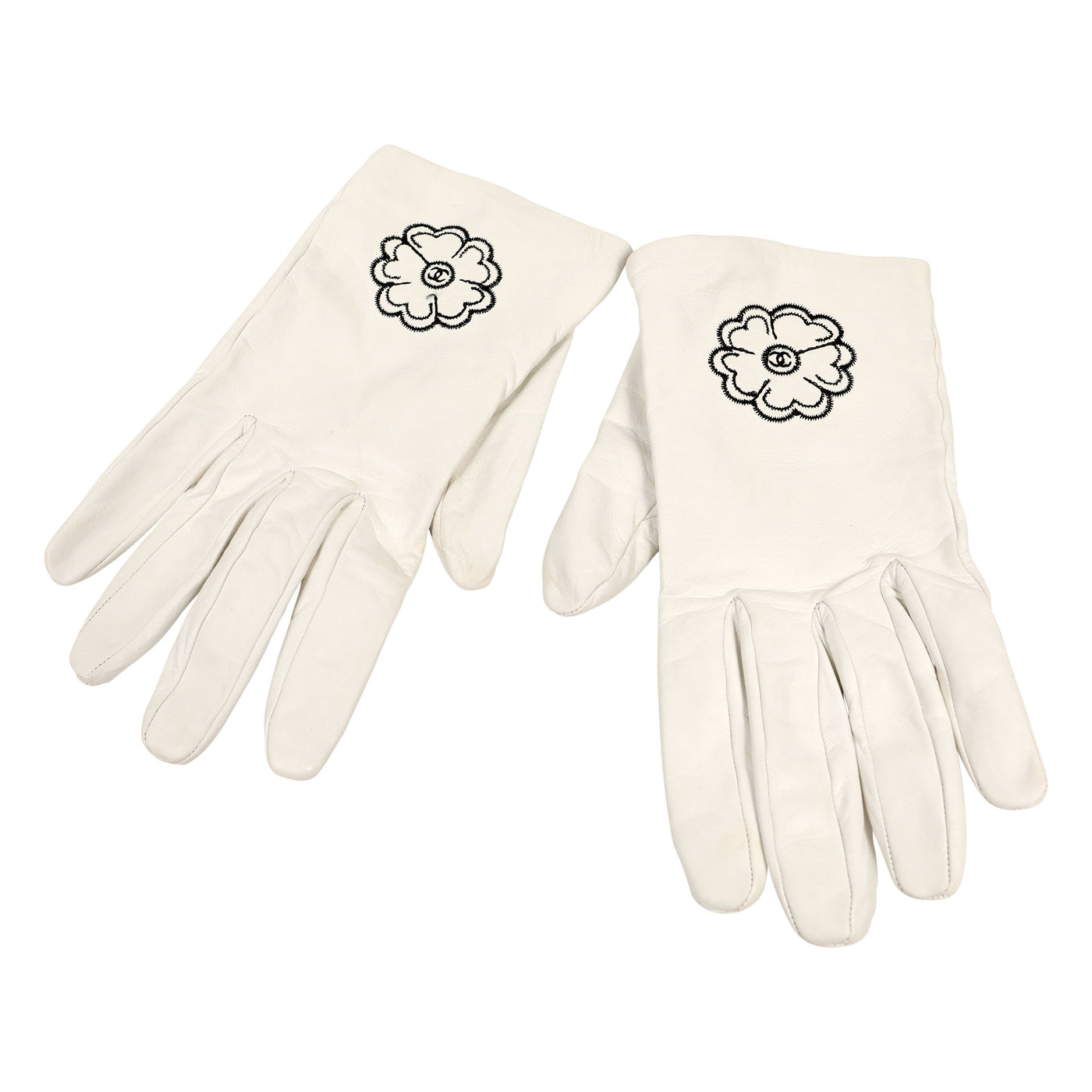 Chanel White Lambskin Gloves w/ Black Camellia