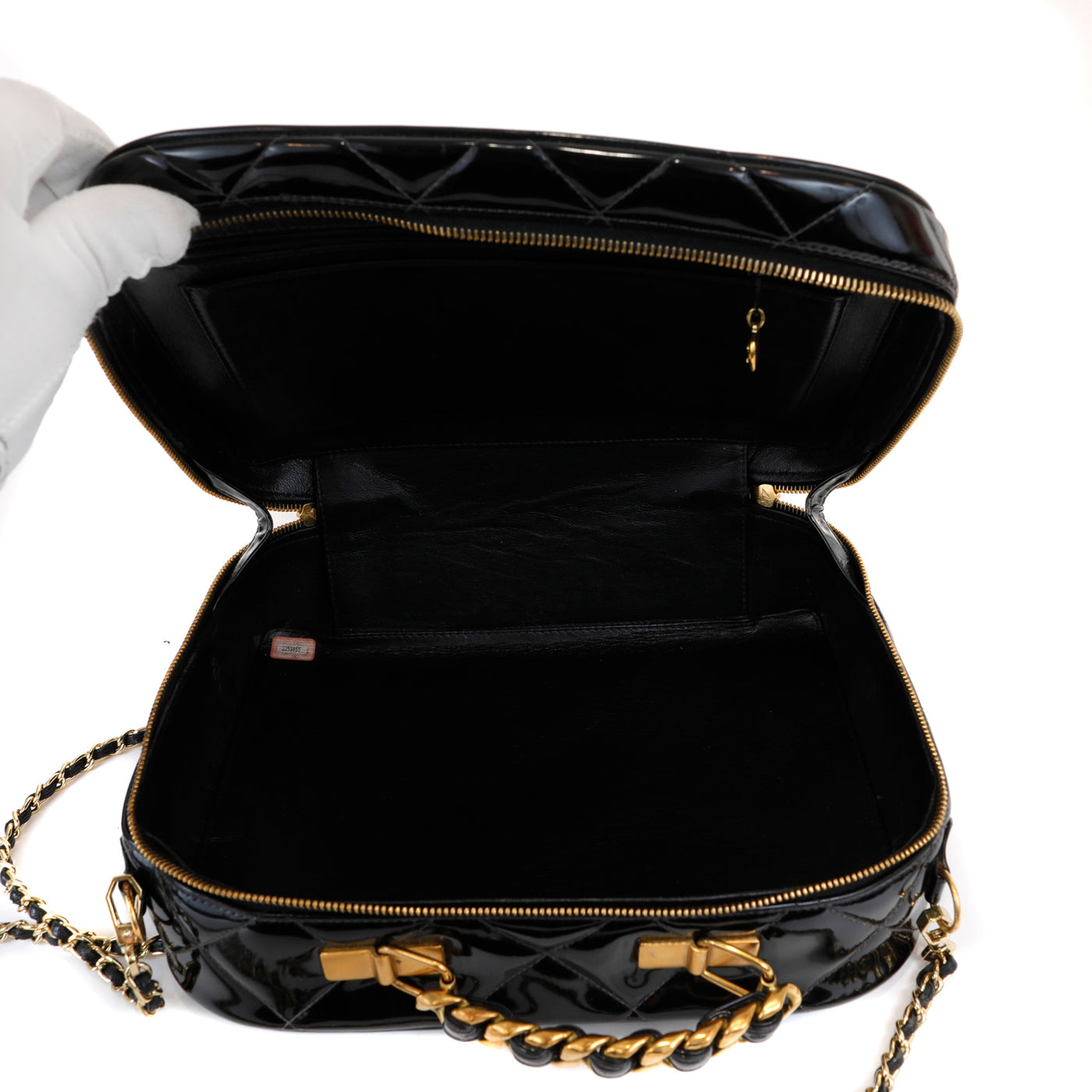 Chanel Black Patent Leather Vintage Bag with Gold Top Handle