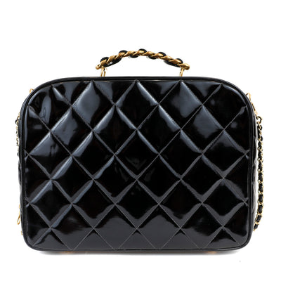 Chanel Black Patent Leather Vintage Bag with Gold Top Handle