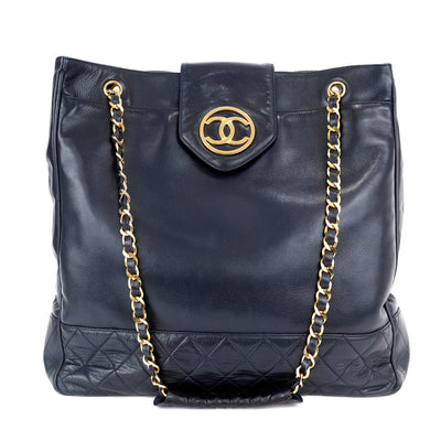 Chanel Navy Blue Large Tote Lambskin/Quilted Bottom w/ Gold Hardware