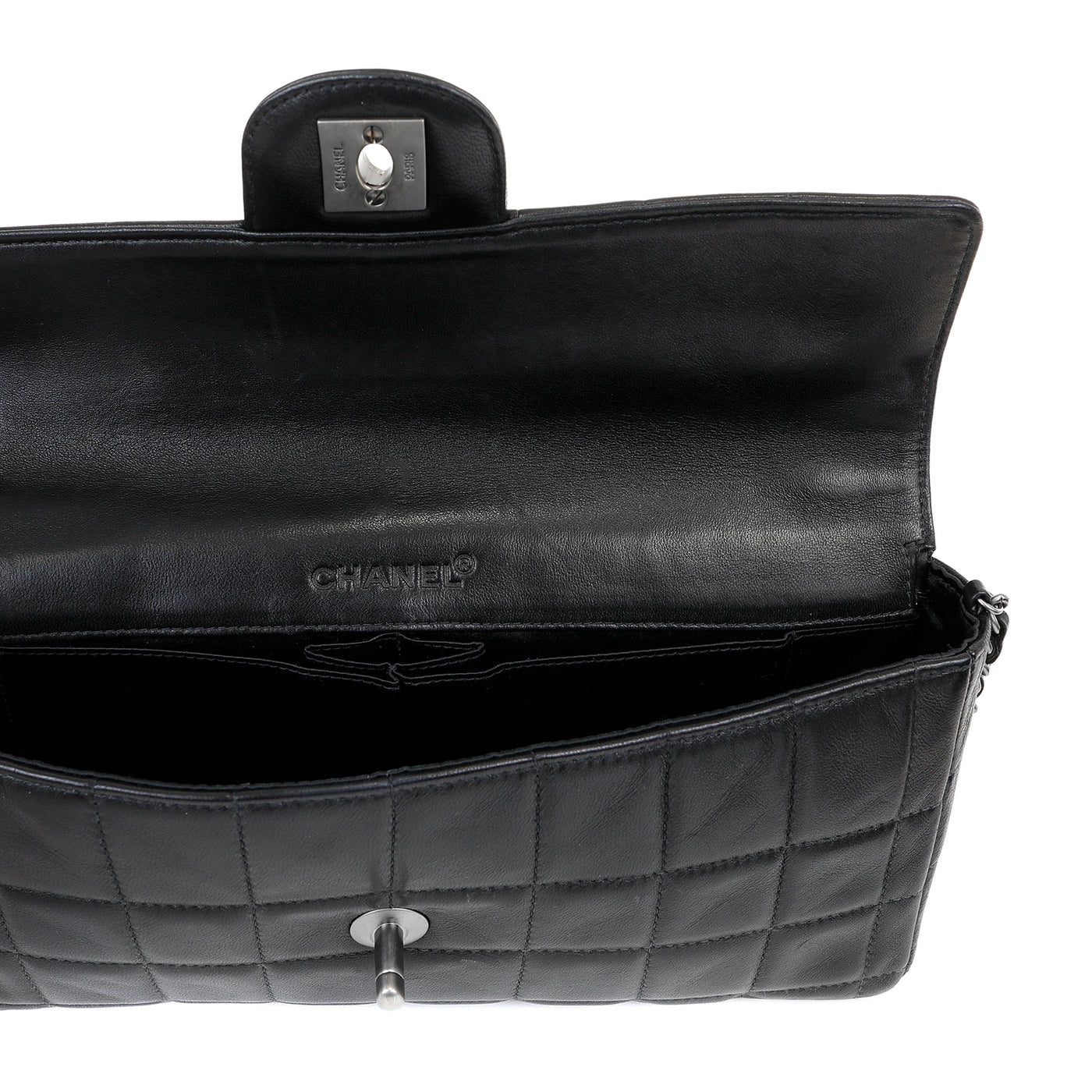 Chanel Black Lambskin Chocolate Bar Quilted East West Classic with Silver Hardware